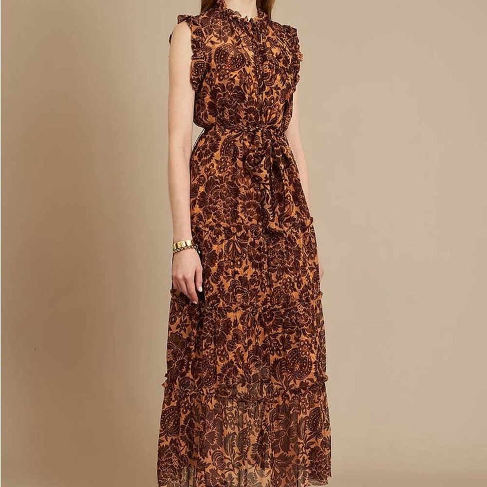 Christy Lynn Brown Midi Dress 100% silk fall wedding S Missing slip